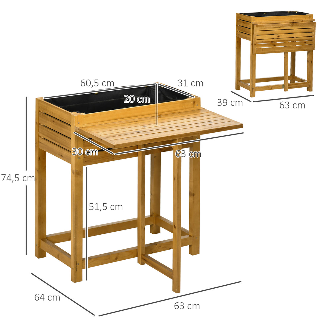 Højbed med foldbar arbejdsflade, lakeret massivt træ, fleeceforing, 64 cm x 63 cm x 74,5 cm