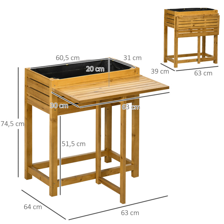 Højbed med foldbar arbejdsflade, lakeret massivt træ, fleeceforing, 64 cm x 63 cm x 74,5 cm
