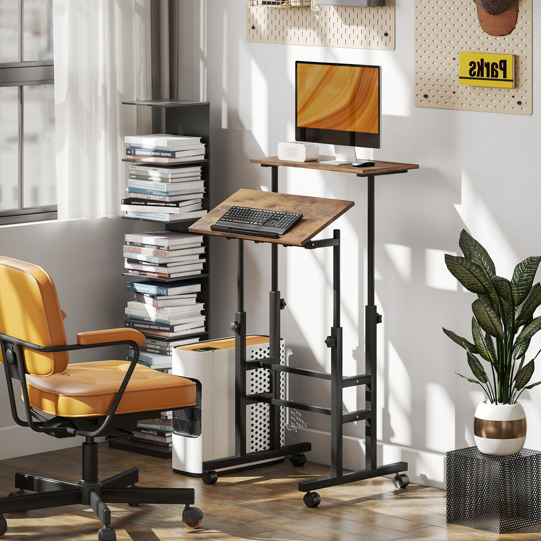 Højdejusterbart skrivebord, køkkenbord med hylde, hjul, rustikt brunt computerbord, 60 x 60 x 70,5-120 cm