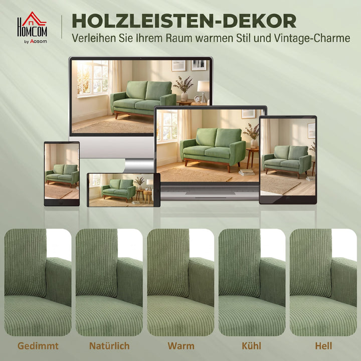 2-personers sofa, 134 cm fløjlssofa med pocketfjedre, tyk ryglæn, trælameldetaljer, grøn