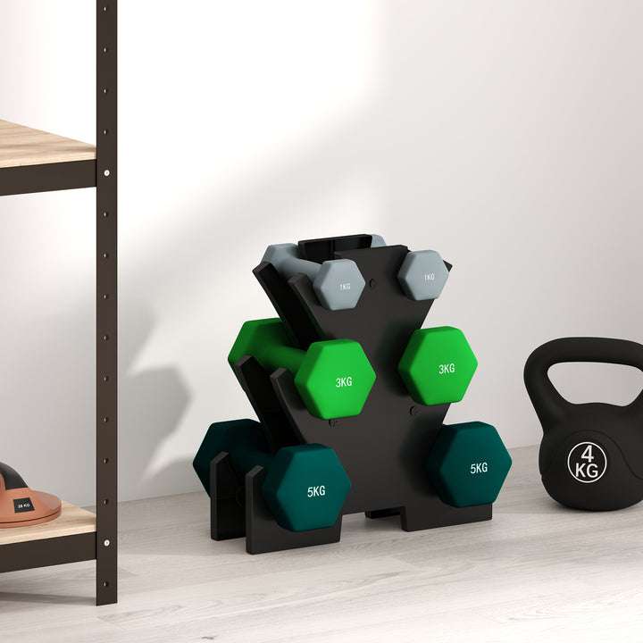 Håndvægtsæt med opbevaringsstativ, sæt med 6 håndvægte til fitnesstræning, 2 x 1 kg, 2 x 3 kg, 2 x 5 kg