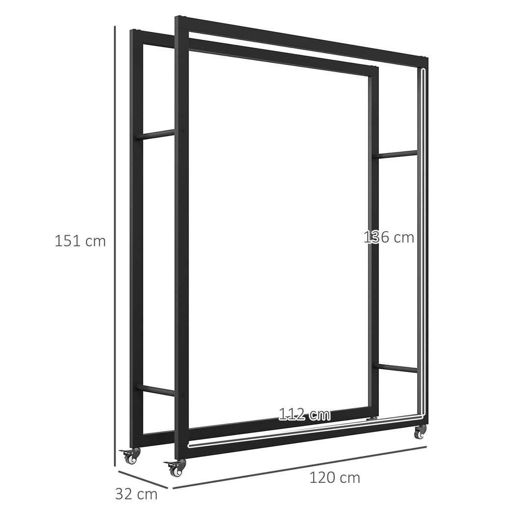 Brændereol med hjul, mobil, metalramme, op til 150 kg, 120 x 32 x 151 cm, sort