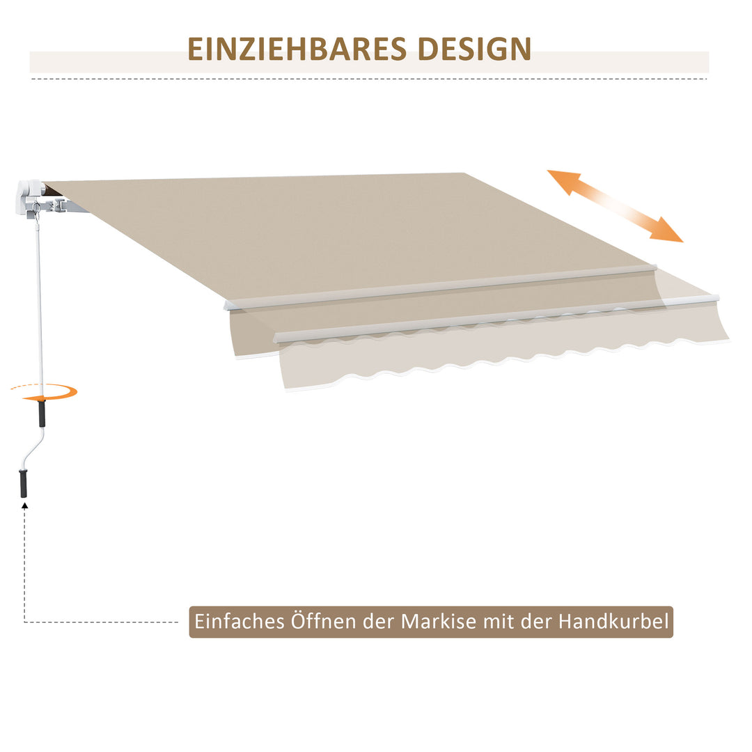 Markise, solsejl, udtrækkelig, med håndsving, metalramme, polyester, hvid+beige, 3,95 x 2,45 m