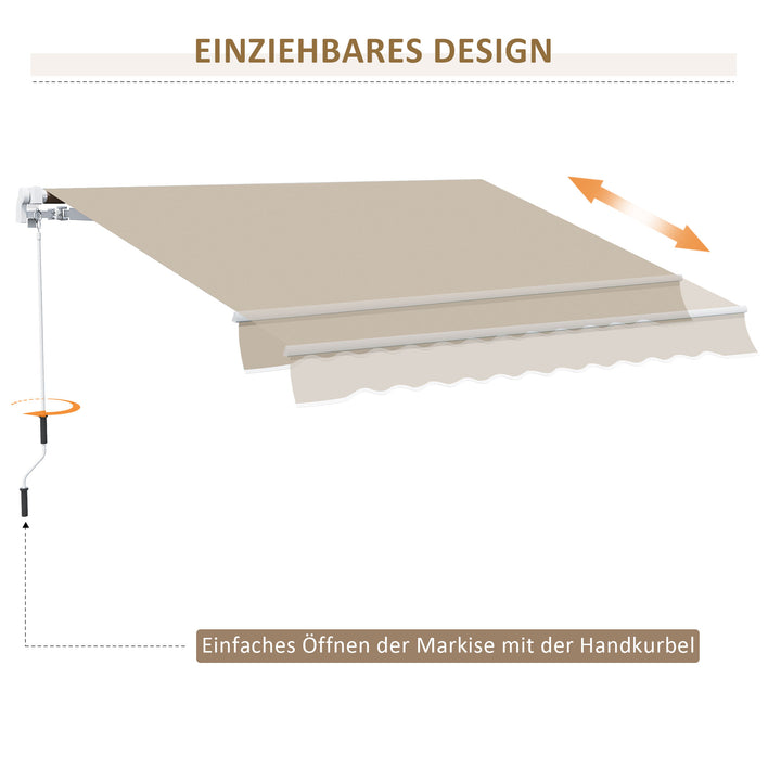 Markise, solsejl, udtrækkelig, med håndsving, metalramme, polyester, hvid+beige, 3,95 x 2,45 m