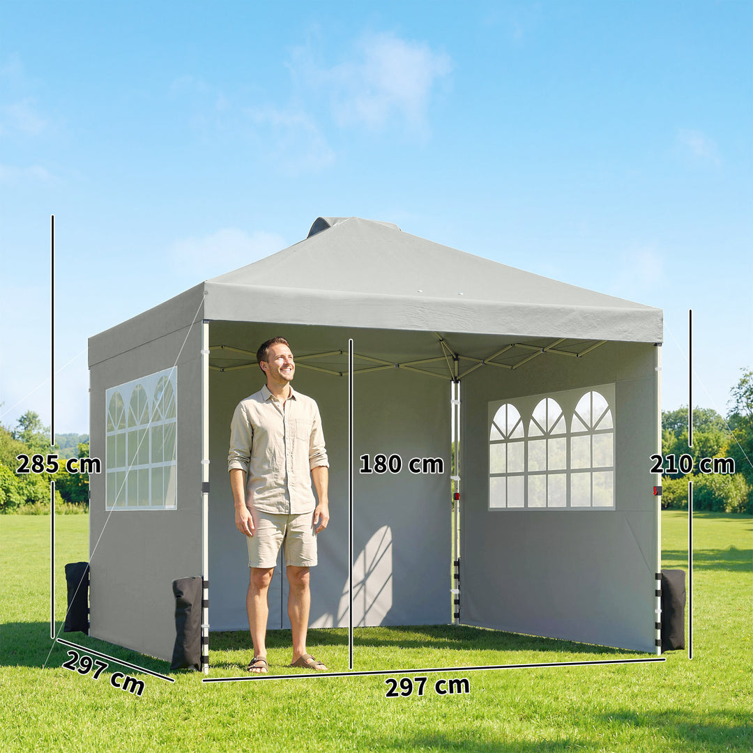 Pavillon ca. 3x3 m, vandtæt, højdejusterbar, pop-up foldbar pavillon med 3 sidepaneler, vinduesventilation, UV 50+, lysegrå