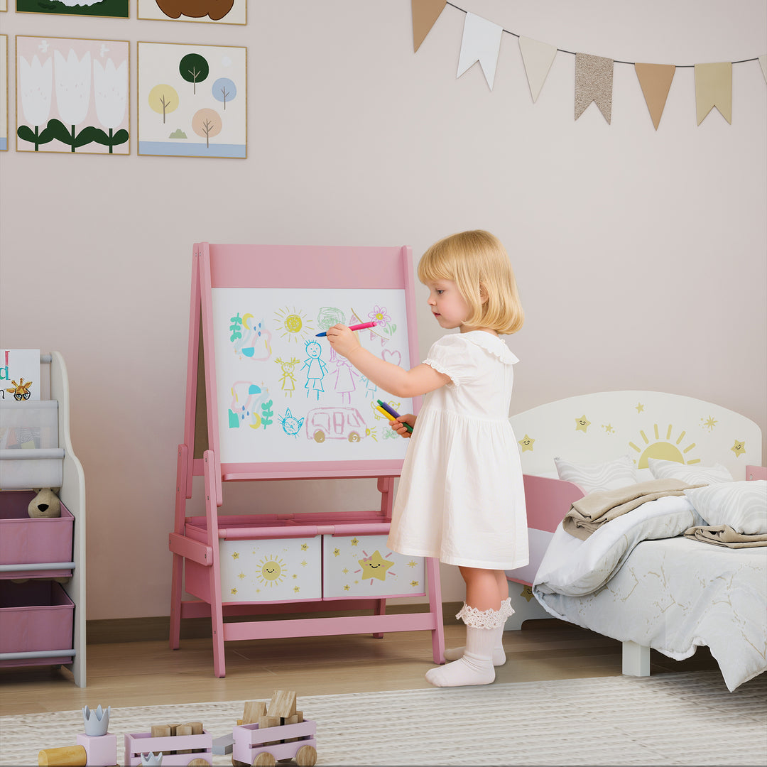 Børnestaffeli 3 i 1 børnetavle med tavle, whiteboard, papirrulle, 2 opbevaringskasser, til 3-8 år, lyserød