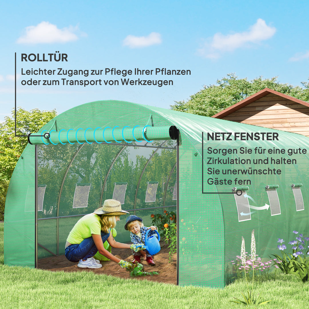 Polytunnel drivhus med plastikdæksel og stålramme, walk-in drivhustelt med rulledøre, grøn