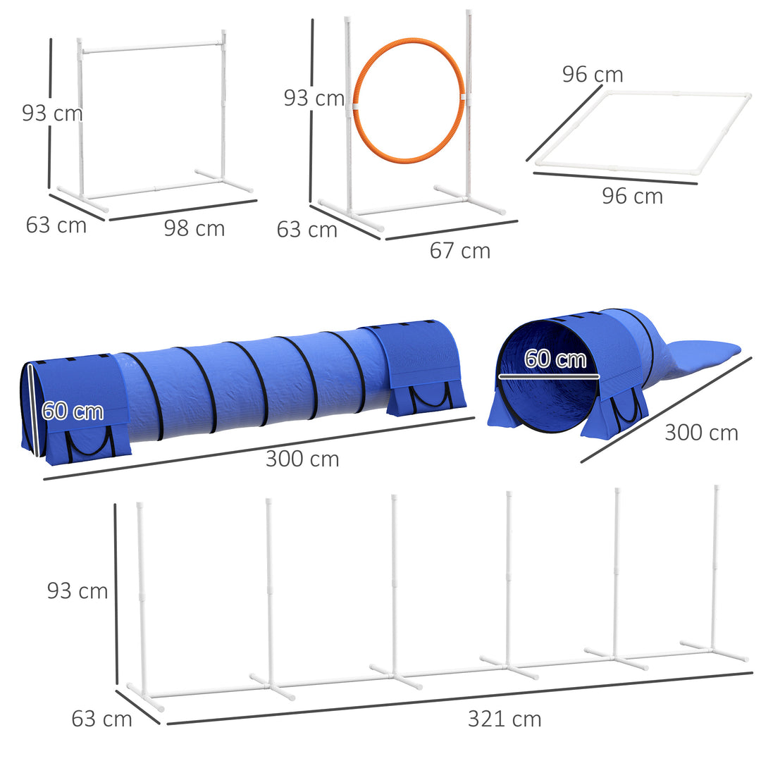 Agility sæt til hunde, 1 dæk, 2 tunneler, 2 hækkeløb, 321 cm x 63 cm x 93 cm, blå + rød + hvid