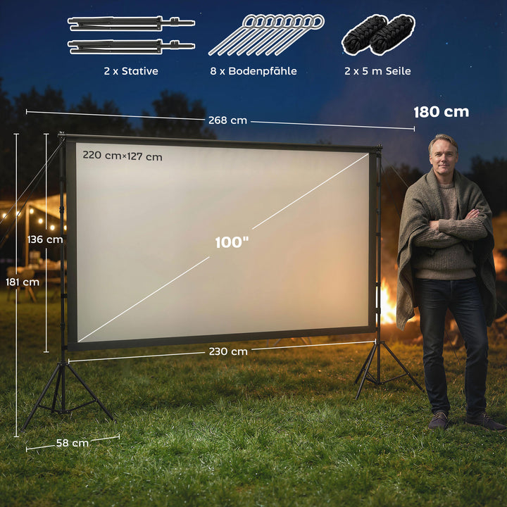 100 tommer 16:9 HD 4K/8K projektorlærred med stativ, bærbar dobbeltsidet lærred med foldbare stativer, hvid