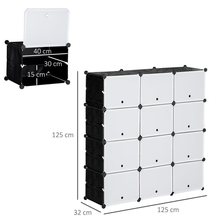 Modulært reolsystem, indstiksreol, samlet af 12 kuber 125 x 32 x 125 cm, plast + stål sort