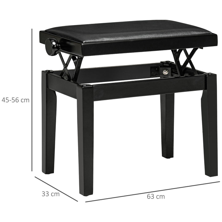 Klaverbænk, højdejusterbar klaverstol, elegant højglans, kunstlæder + gummitræ, sort, 63 x 33 x 56 cm