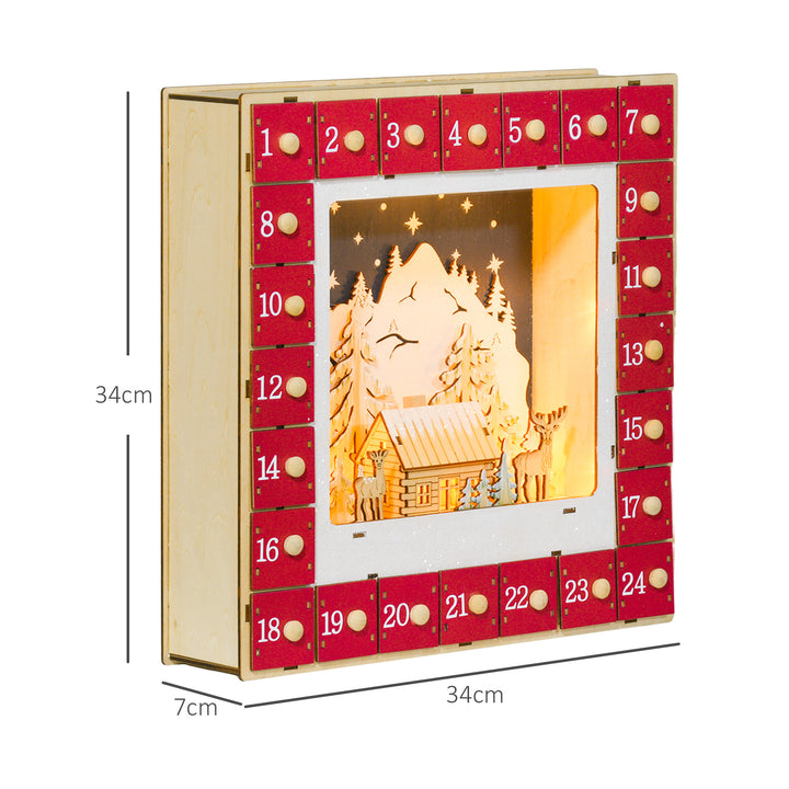 Led-julekalender med landsbyscene, 24 store skuffer, mdf, 34 x 7 x 34 cm, rød