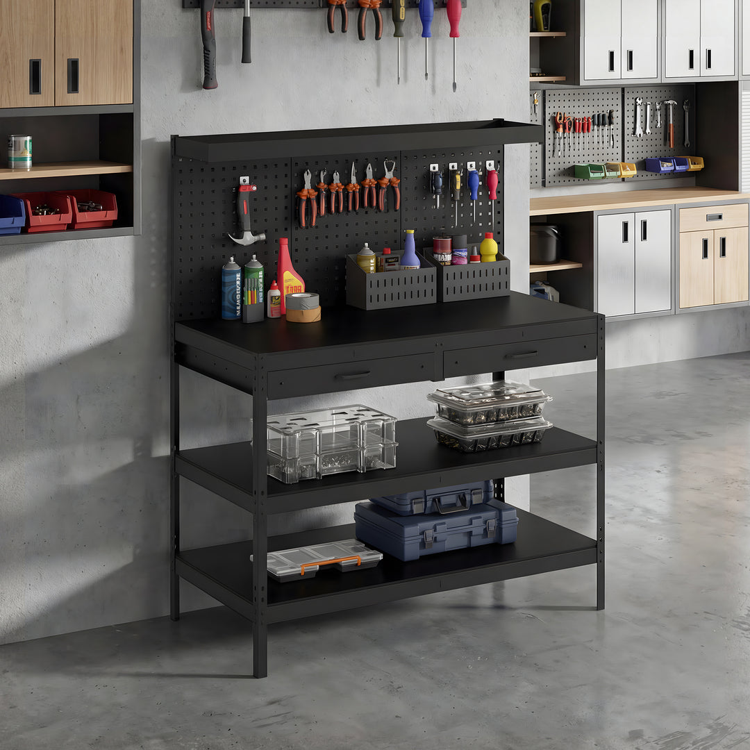 Arbejdsbord med justerbare hylder, robust arbejdsstation med hulbræt og 2 skuffer, 122 x 61 x 156 cm, sort