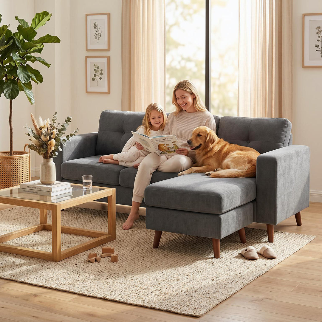 Hjørnesofa 192 cm L-formet 3-personers sofa med vendbar chaiselong, corduroy-look, til små rum, mørkegrå