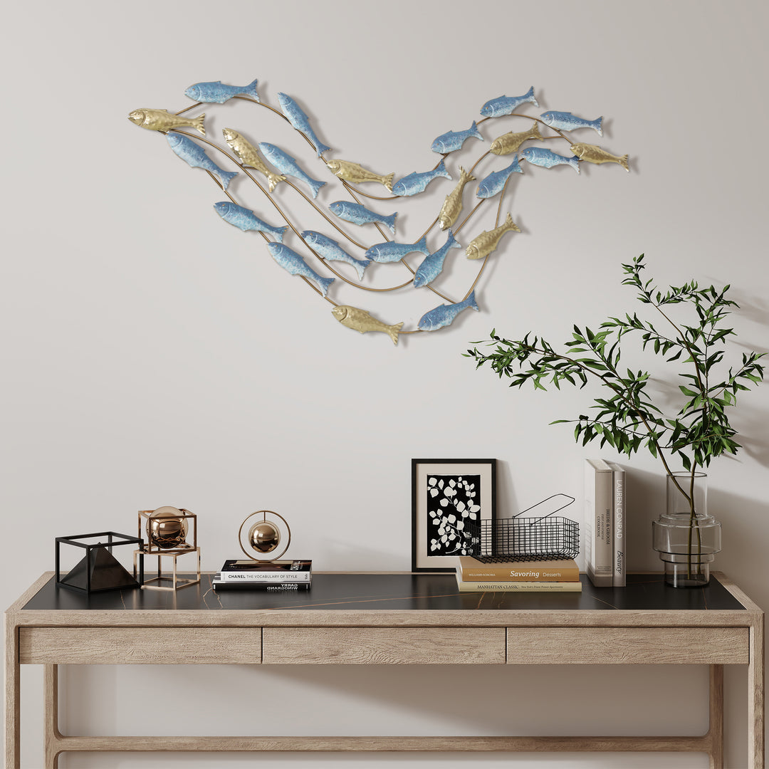 Metalvægkunst, fiskedesign, rustbestandig, moderne stil, elegant, lyseblå