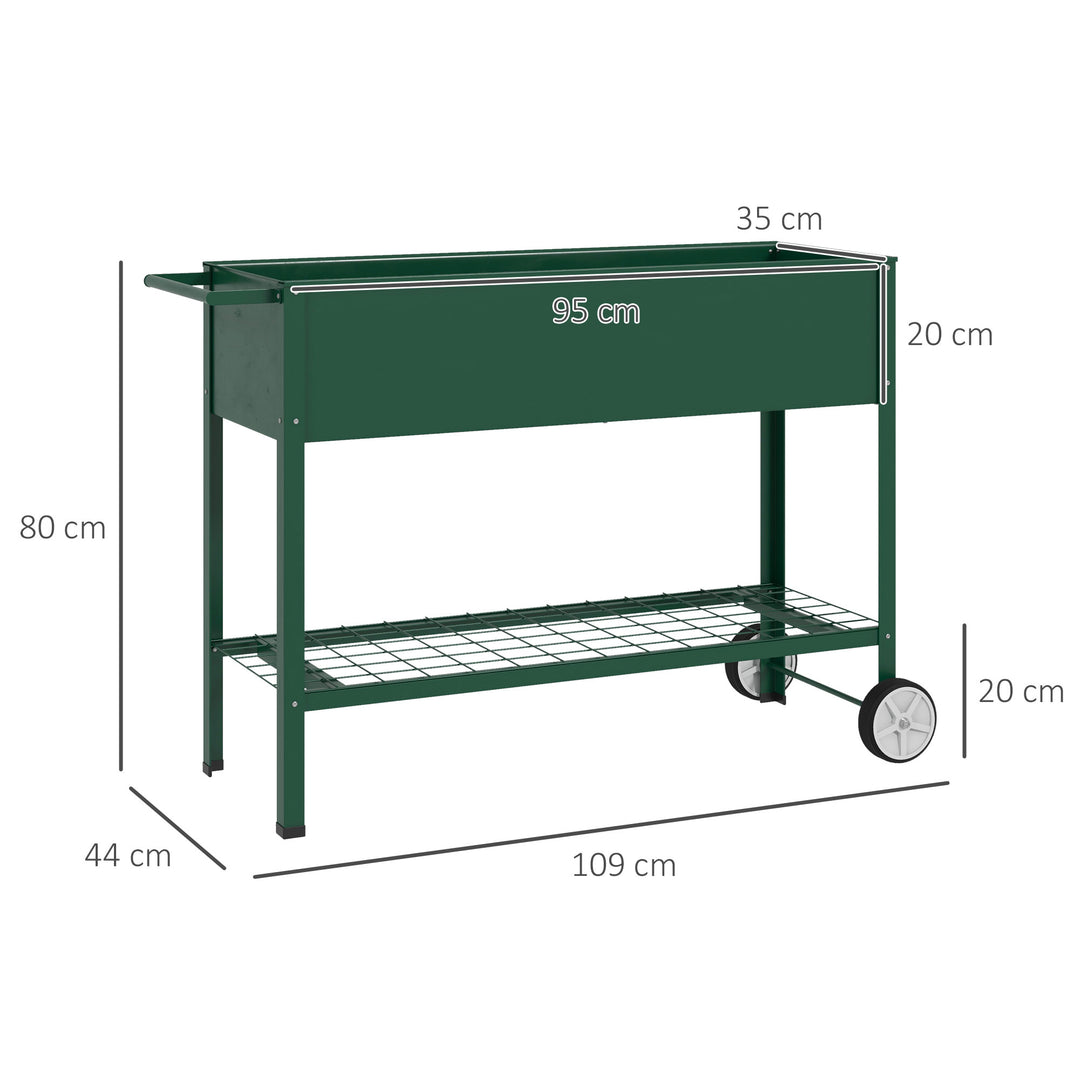 Højbed, plantekasse, 1 hylde, 2 hjul, 109 cm x 44 cm x 80 cm, grøn