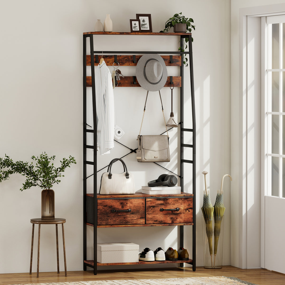 Garderobe med skohylde, stumtjener med bænk, 10 kroge, 2 stofskuffer, bøjlestang, spånplade, metal, brun