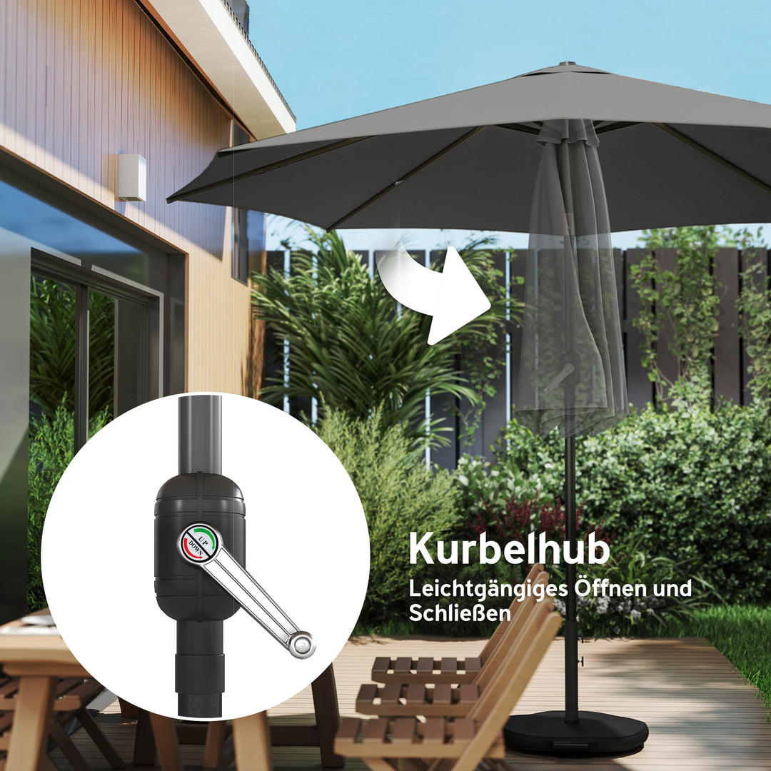 Parasol ca. Ø300 cm, vipbar balkonparasol med håndsving, krydsfod, sandsæk, UV 30+, udtrækkelig, mørkegrå