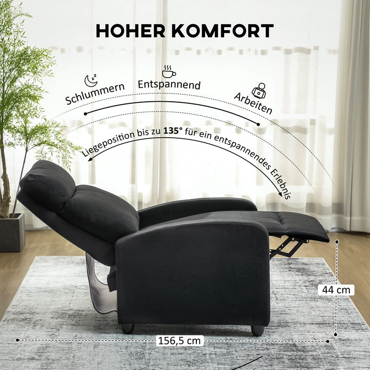 Lænestol, justerbar 135°, udtrækkelig fodstøtte, polstrede armlæn, hør-polyester, sort