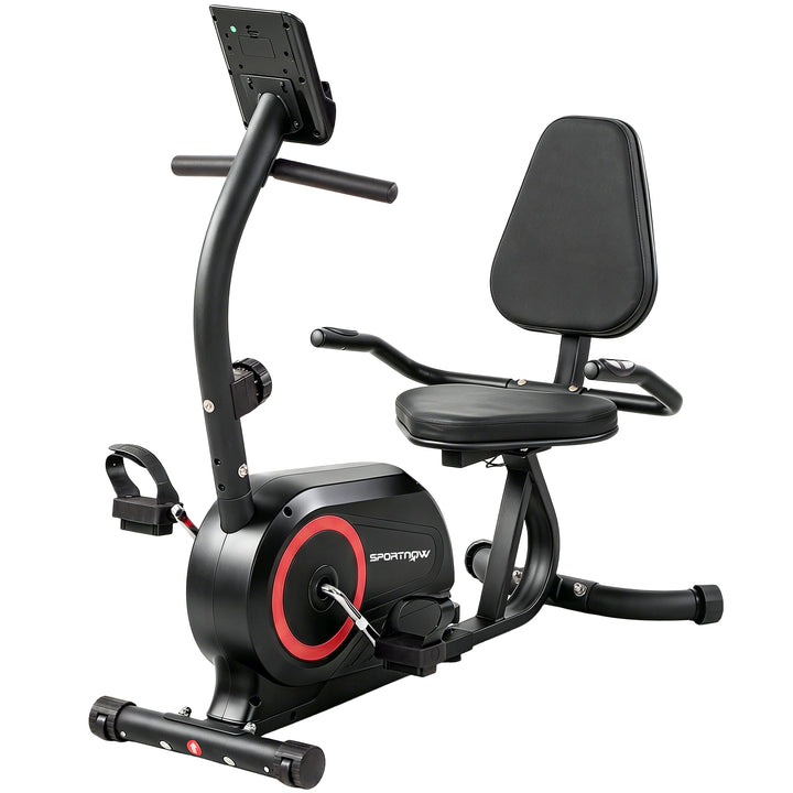 Liggecykel til hjemmebrug med 8 justerbare modstandsniveauer, magnetbremse, app, pulssensor, LCD-display og fodstropper.
