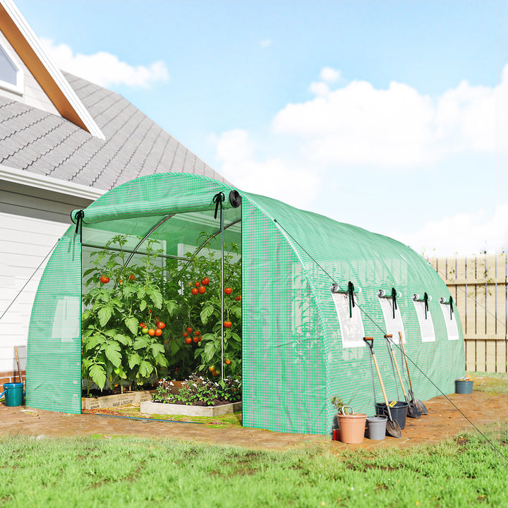 Drivhus ca. 4 x 3 x 2 m, foliedrivhus med hjul, 2 lynlåsdøre og 8 netvinduer, støttestænger, grøn