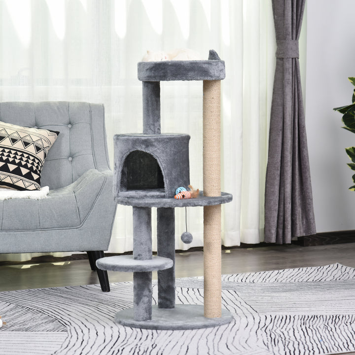 Kradsetræ 4-lags kattehule kattehus med legebolde sædeplads sisal søjle og kradsebræt stor stald luksuriøs sisal plys grå 48x48x104 cm