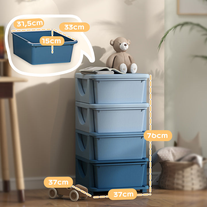 Opbevaringskasser til børn, 4 skuffer, afrundede kanter, hævet design, plastik, blå