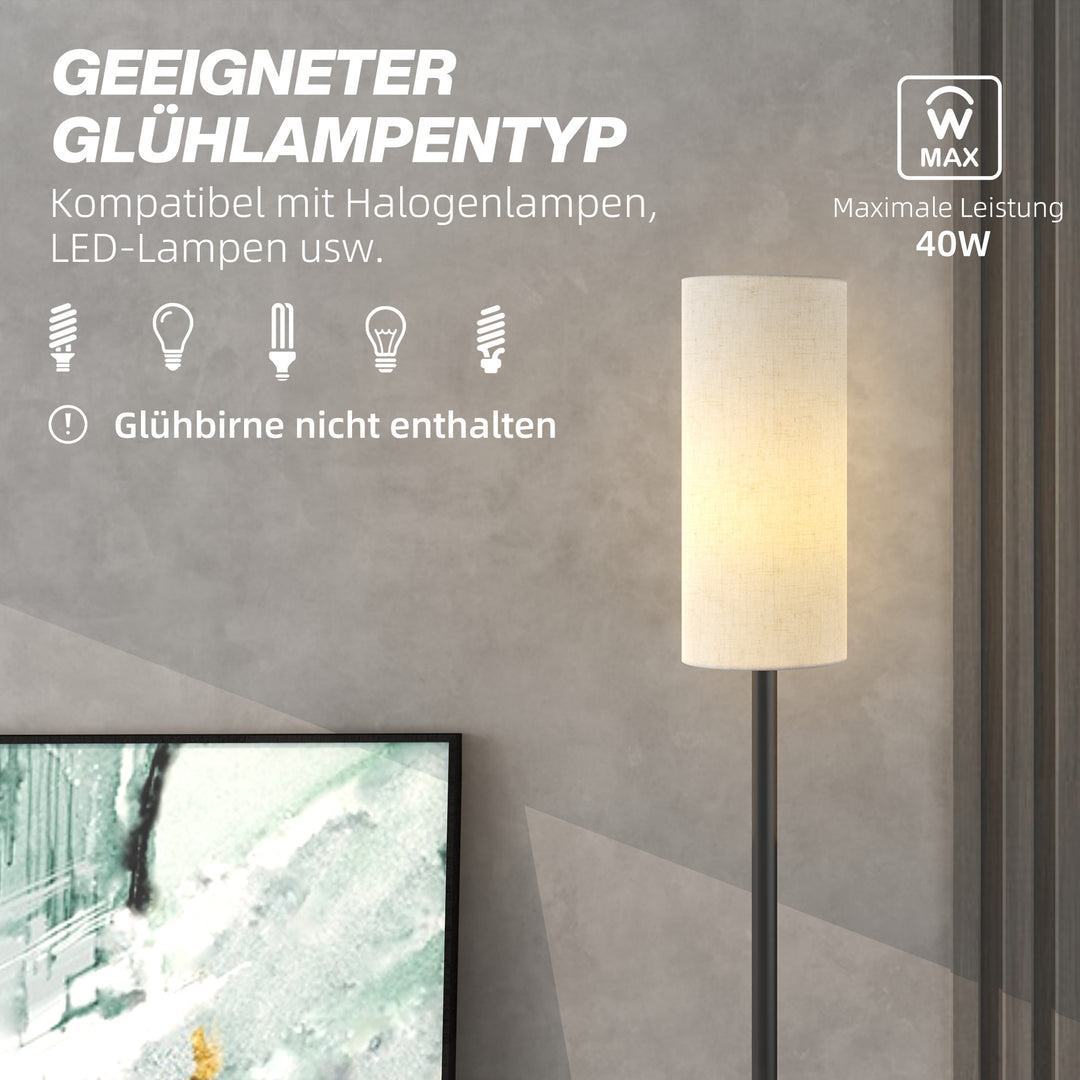 Gulvlampe, skærm i hørlook, metalstang, fodkontakt, hvid