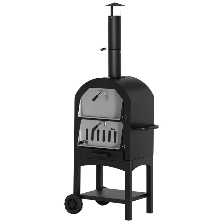2-I-1 udendørs pizzaovn med hjul, grillovn med beskyttelsesdæksel, pizzaspade, 2 grillnet, grillvogn med skorsten, 3-etagers brændefyret ovn til grill, stål, sort og sølv, 63 x 54 x 161 cm