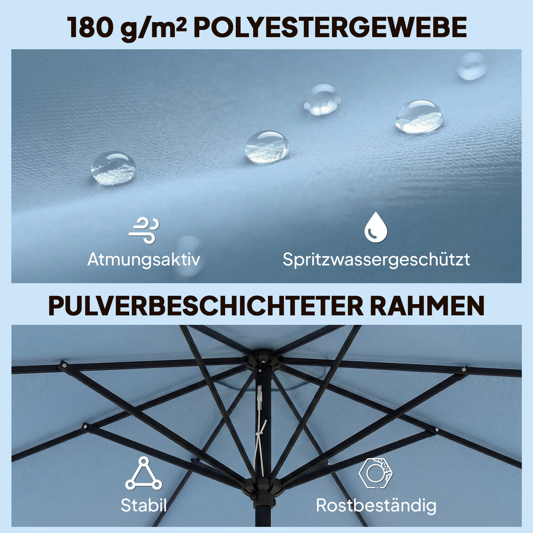 Rund parasol, balkonparasol, strandparasol med 3 vippepositioner, håndsving, 8 ribber, Ø265 x 235H cm, himmelblå