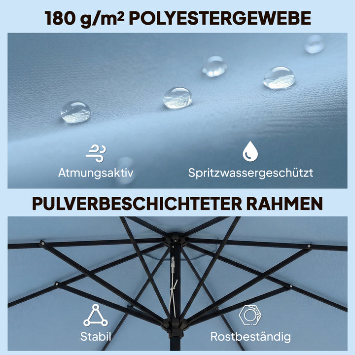 Rund parasol, balkonparasol, strandparasol med 3 vippepositioner, håndsving, 8 ribber, Ø265 x 235H cm, himmelblå