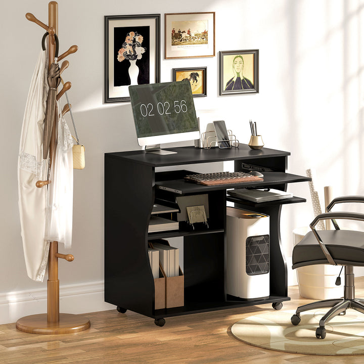 Computerbord med hjul, skrivebord med opbevaring, 80 x 48 x 75 cm, sort