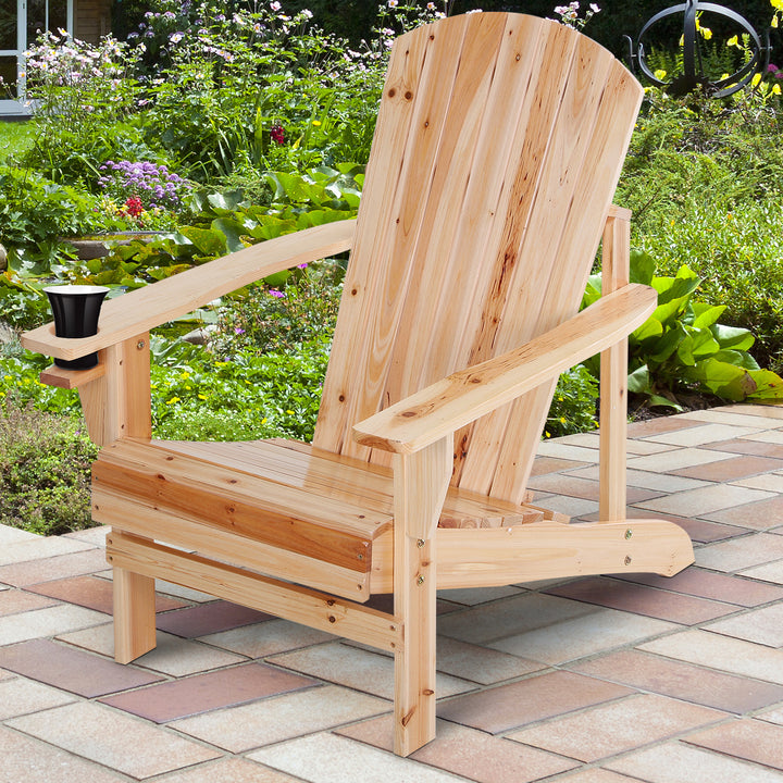 Adirondack havestol med kopholder, haveliggestol, balkonstol, massivt træ, naturlig finish, 72,5 x 97 x 93 cm