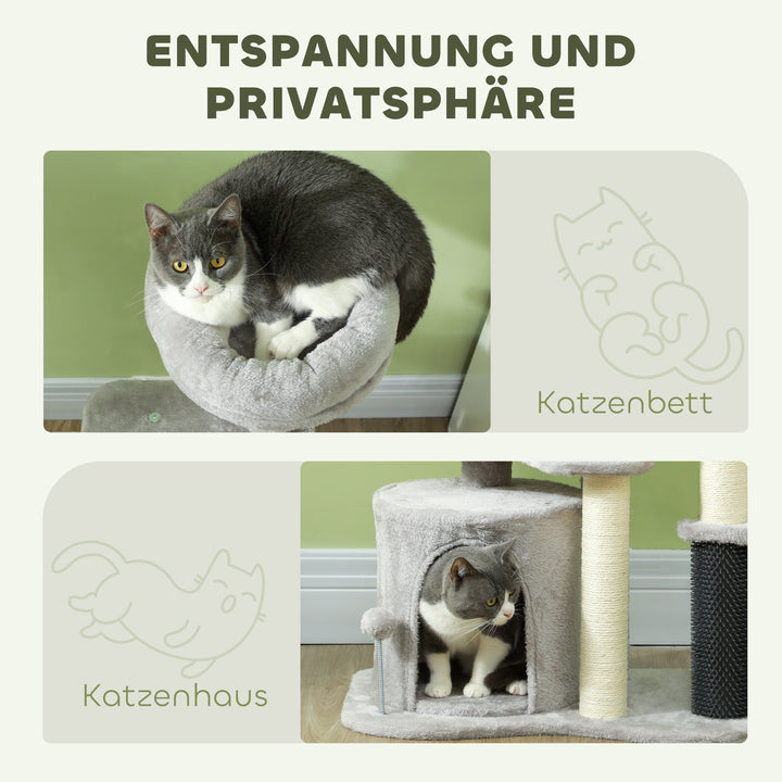 Kattelegecenter med kradsetræ, seng, legebolde, plys, 60 x 39 x 87 cm, lysegrå/creme