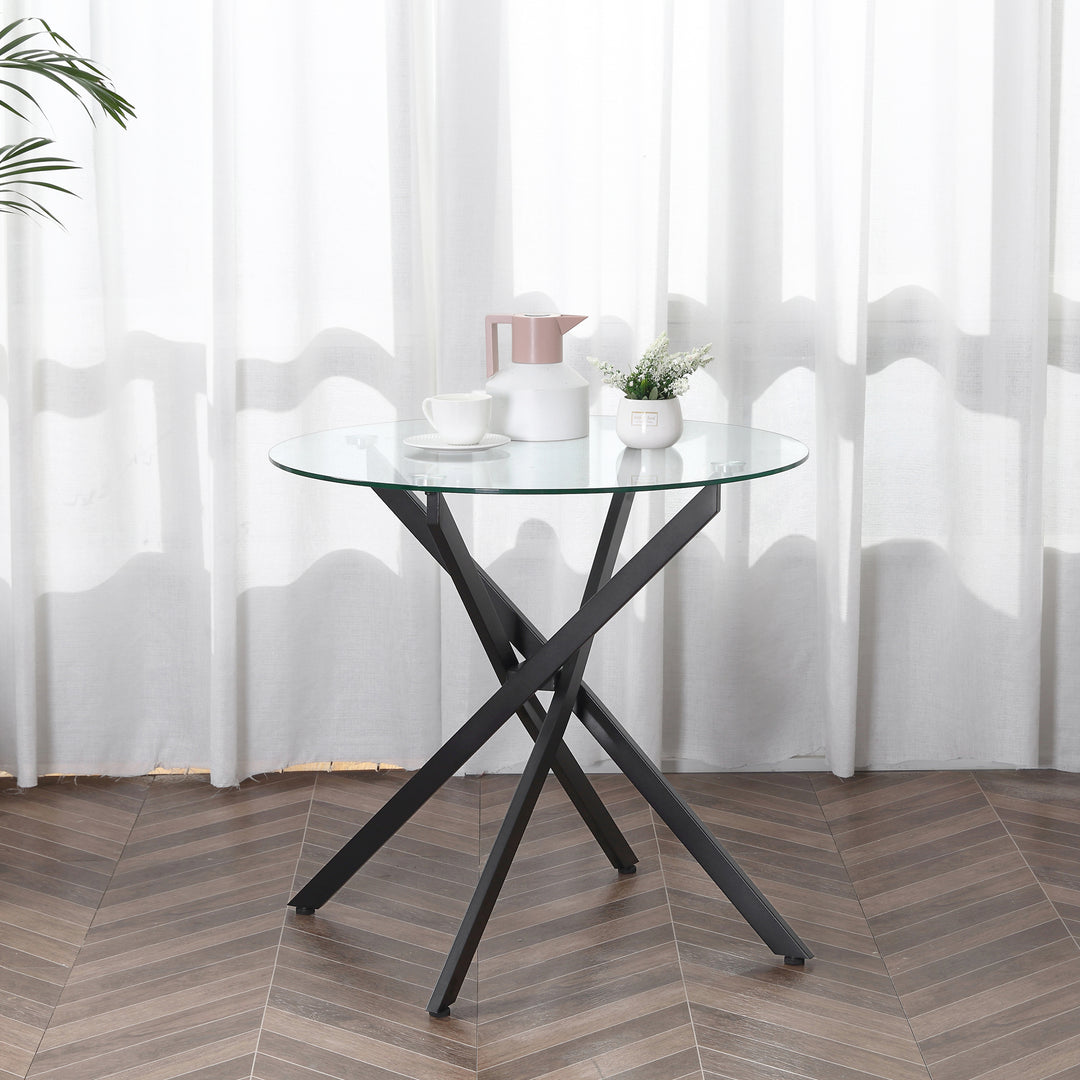 Moderne glas spisebord, 80 cm diameter, køkkenbord med hærdet glasplade og metalben, til 4 personer