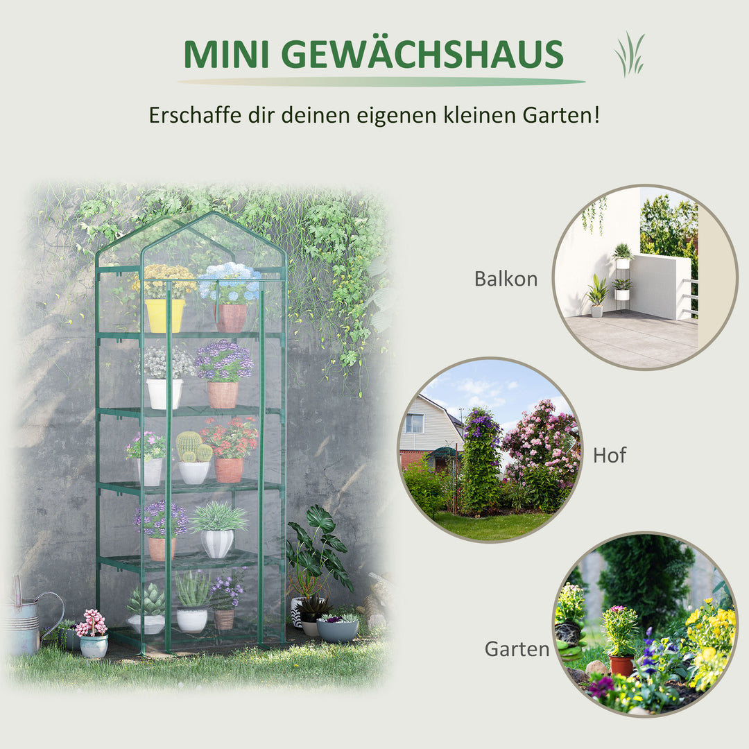 Minidrivhus med 5 hylder til blomster eller grøntsager, transparent+grønt stål, plastik, 69 x 49 x 193 cm