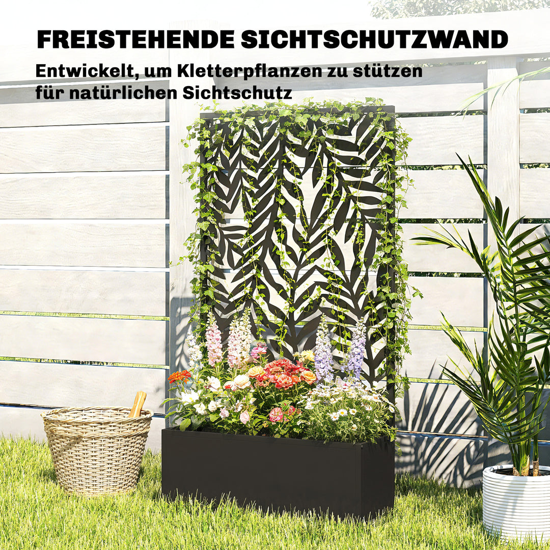 Blomsterkasse med afskærmning, plantekasse med espalier og tropiske bladmotiver, 61 x 23 x 113 cm, sort