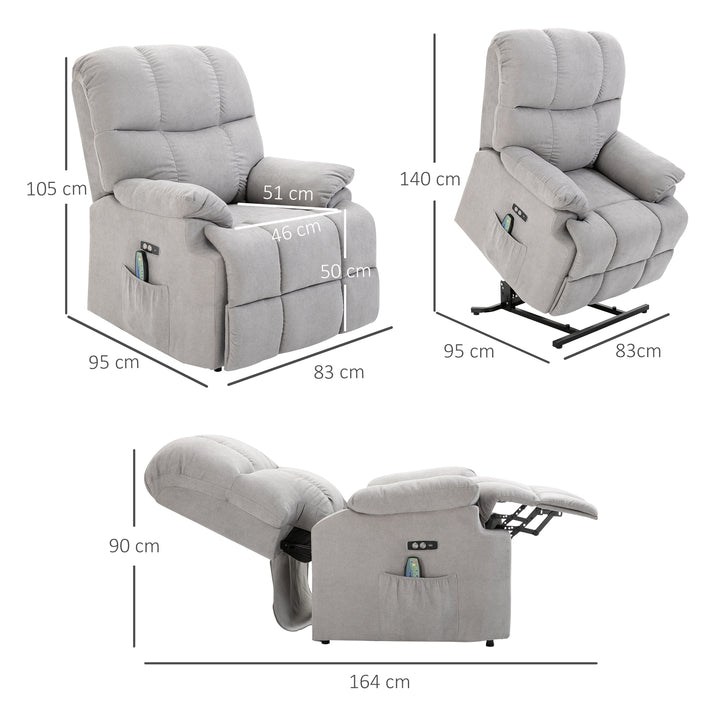 Lænestol med ståstøtte, massagestol, afslappende stol med usb-port, tv-stol med fjernbetjening, sidelomme, lænestol med fløjlslook, grå