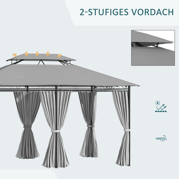 Pavilion 3x4m havepavillon med 6 sidepaneler festtelt havetelt med dobbelt tag mørkegrå