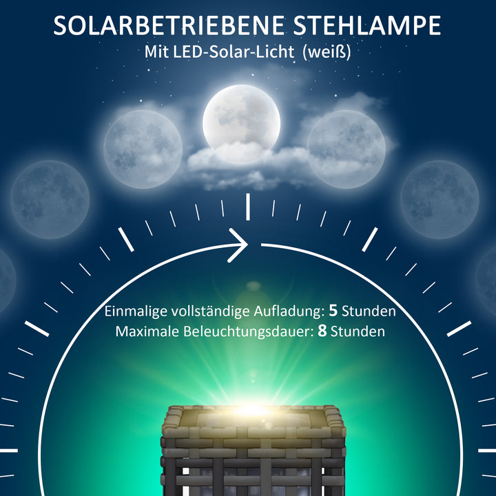 Udendørslampe med solpanel, automatisk tænding, 8 timers driftstid, rottinglook, stål, 15,5 x 15,5 x 46 cm, grå