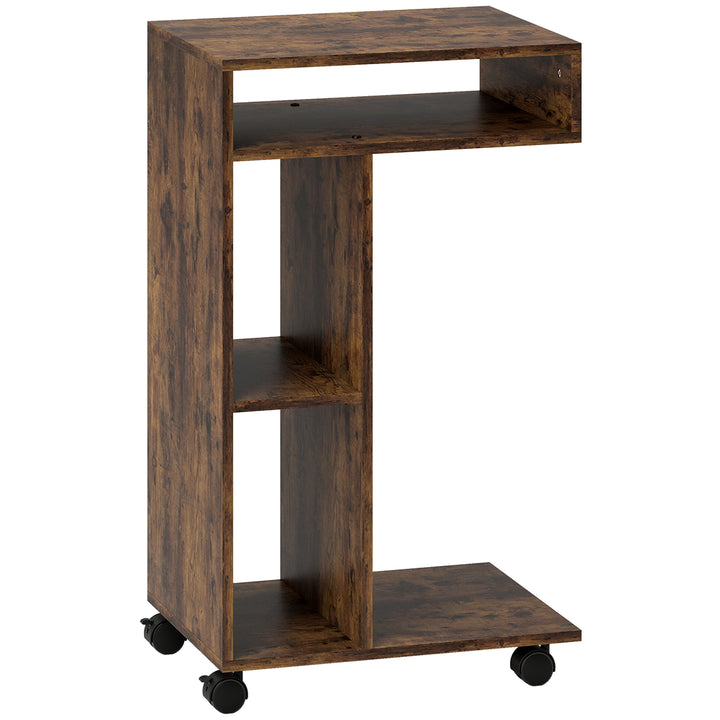Sidebord, C-formet serveringsvogn, 4 hjul, 3 rum, 40 x 30 x 69 cm, rustik brun