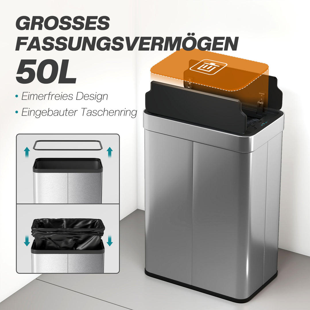 Sensorstyret skraldespand, 55 l kapacitet, sommerfuglelåg, åbner automatisk, rustfrit stål, sølv
