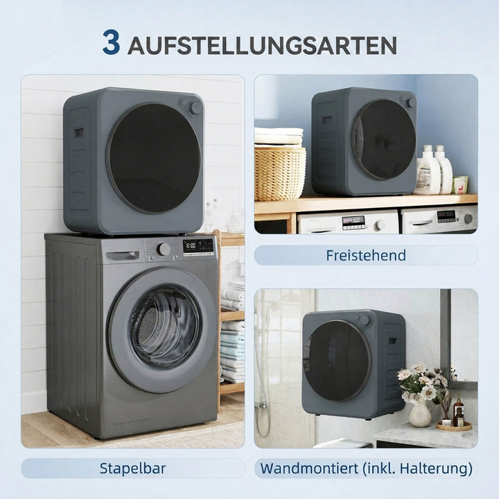 Mini tørretumbler, 4 kg kapacitet, 5 programmer, 800W/400W, fritstående, grå