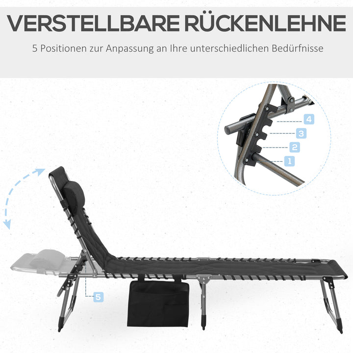 Sammenklappelig liggestol, havestol med hynde, justerbar ryglæn med 5 positioner, stålstel, Oxford-stof, sort, 188 x 57 x 30 cm