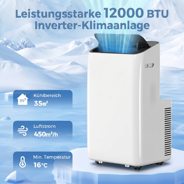 Bærbart klimaanlæg 12.000 BTU med inverterteknologi, klimaanlæg med 60° drejefunktion, 24-timers timer, fjernbetjening