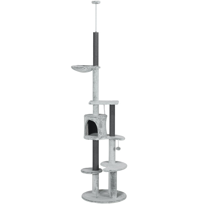Kradsetræ med loftstrammer, hængekøje, hus, platforme, legebold, 225-255 cm, grå