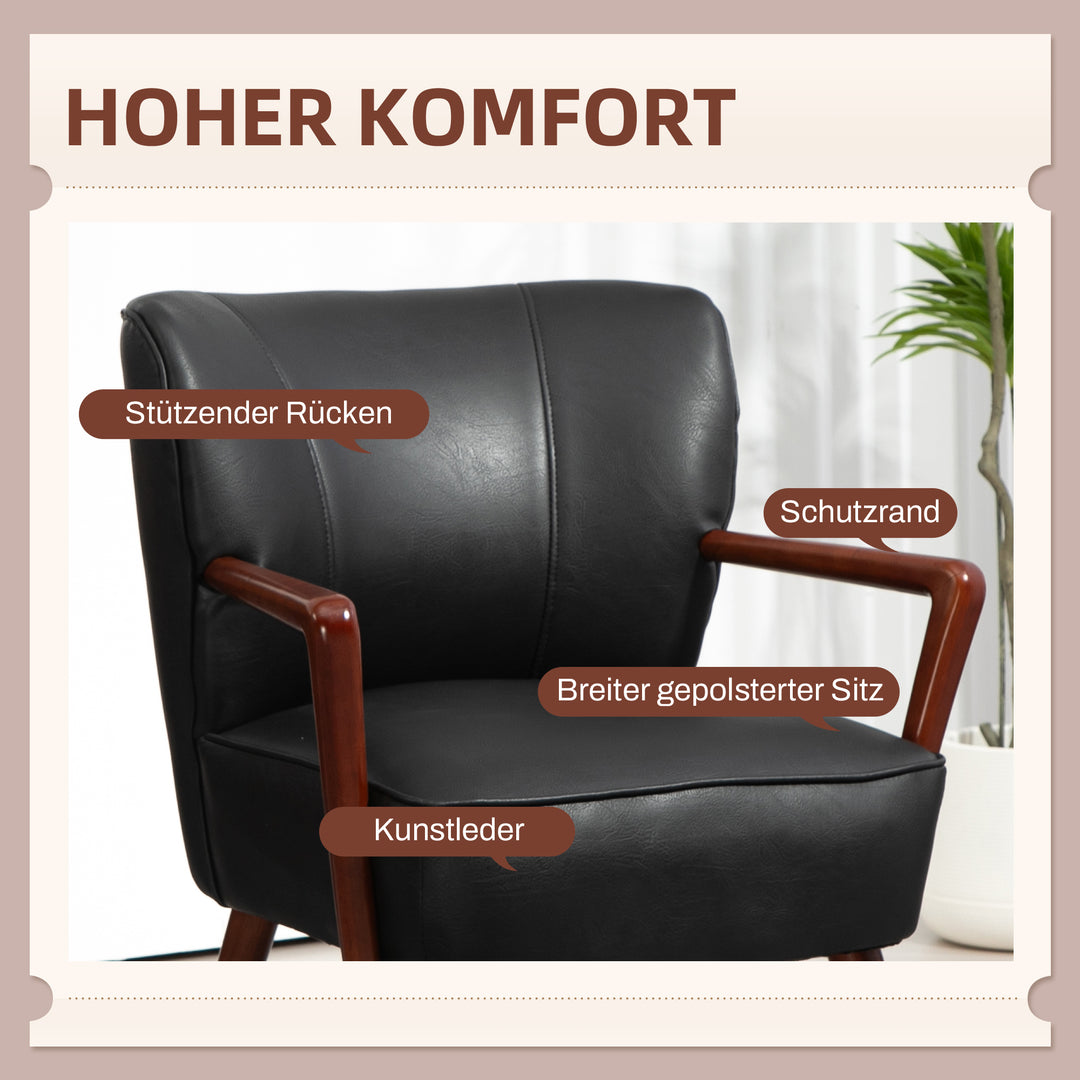 Accentstol, bredt sæde, læderlook, træramme, op til 120 kg, 67 x 77 x 80 cm, sort