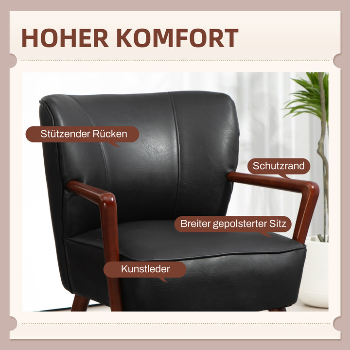 Accentstol, bredt sæde, læderlook, træramme, op til 120 kg, 67 x 77 x 80 cm, sort