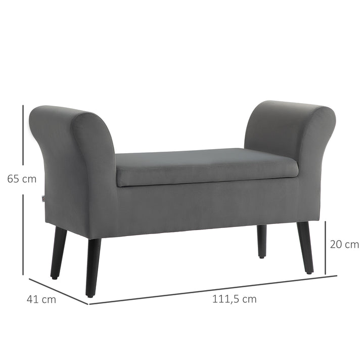 Polstret bænk med opbevaringsplads, kommodebænk med armlæn, 46 cm sædehøjde, fløjlspolyester, 111,5 x 41 x 65 cm, mørkegrå
