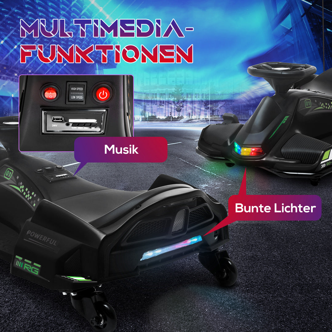 Elektrisk gokart til børn, gummihjul, 3-8 km/t, med lys og musikfunktion, sort